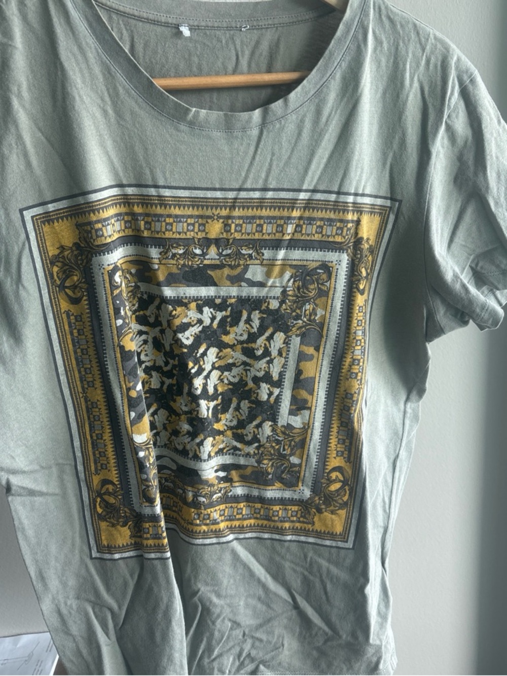 Versace Sage Green Cotton Tee with Gold and Black Graphic